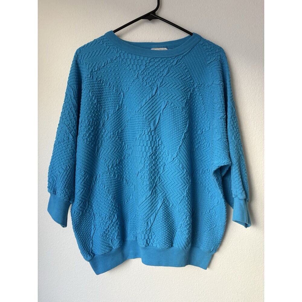 Neon Turquoise XL Textured Long Sleeve Crew Neck Sweater VINTAGE 80s